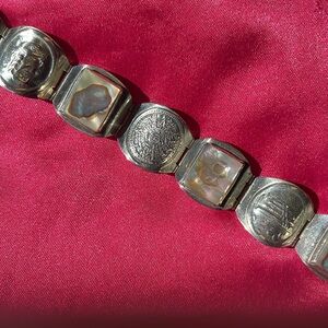 FANTASTIC VINTAGE TAXCO STERLING SILVER PANEL BRACELET MAYAN CALENDAR ABALONE